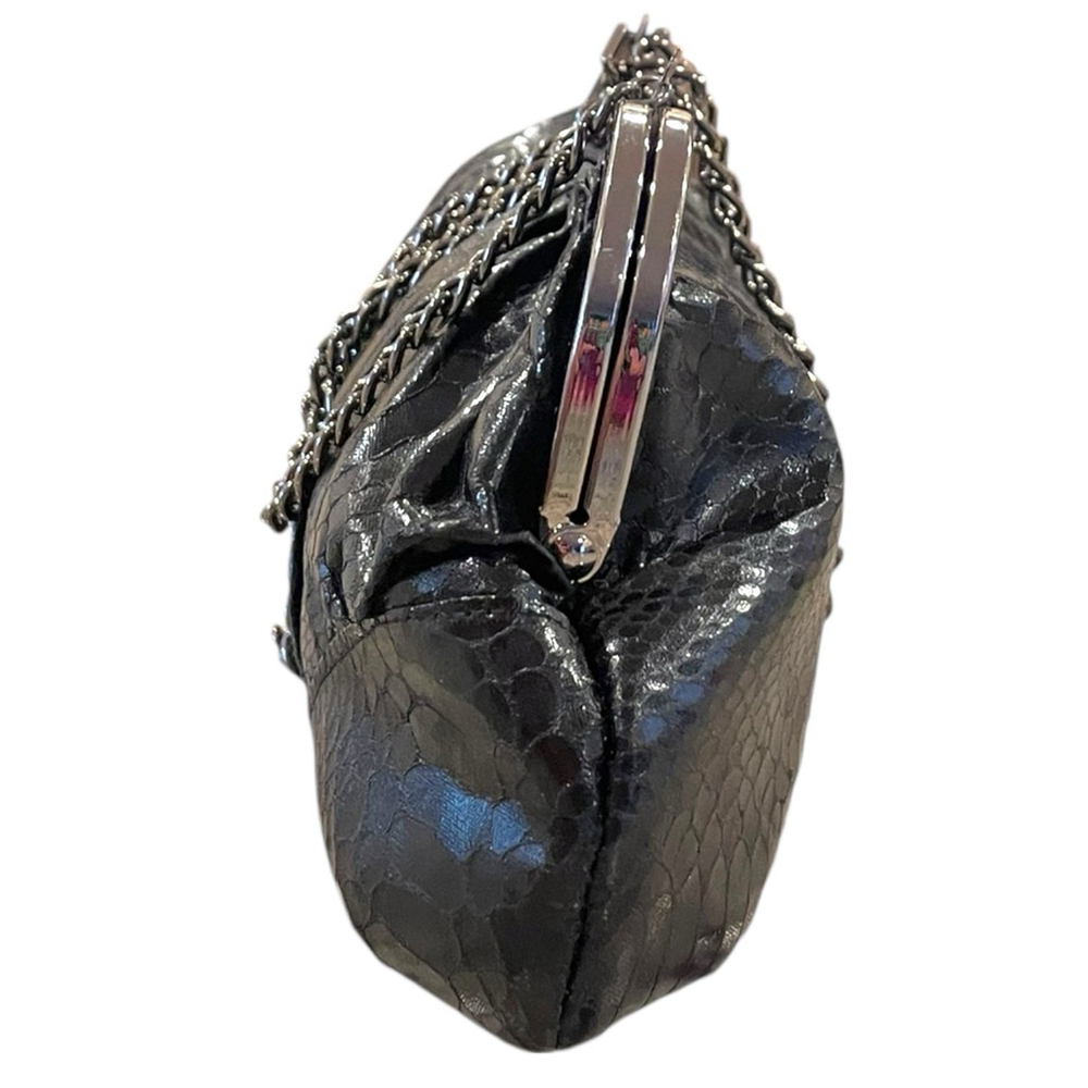 Jessica McClintock Faux Snakeskin Bag Kiss Clasp Gunmetal Chain Strap Black - Picture 7 of 13